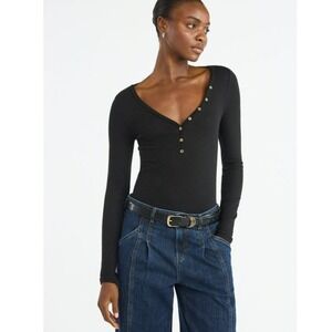 Scoop Long Sleeve Button V-Neck Ribbed Top Black Size XS (0-2) New NWT